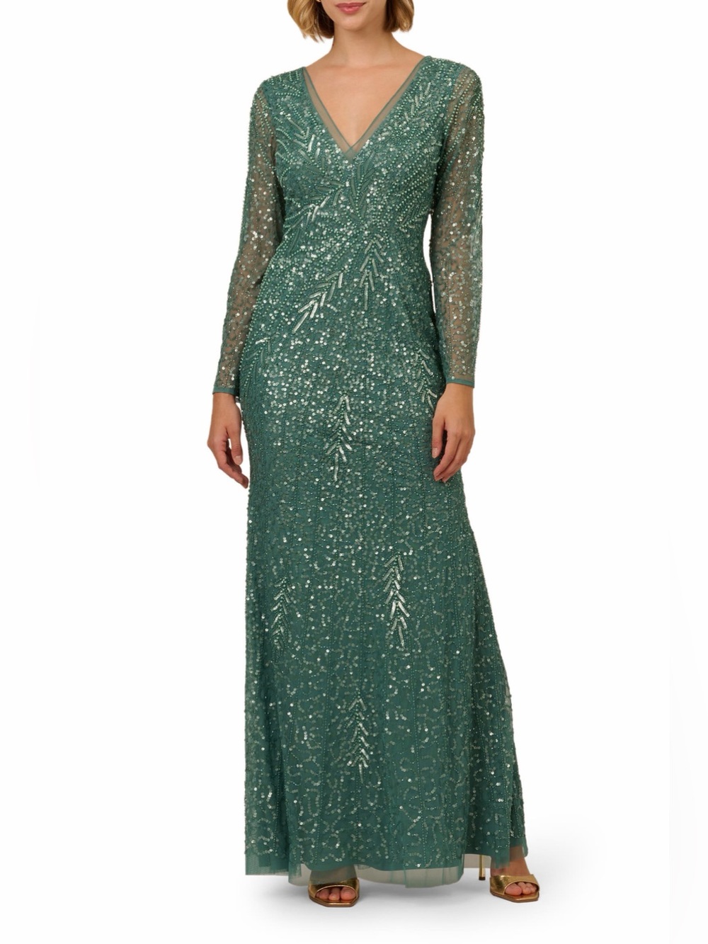 Adrianna Papell Green Beaded Sequin Long Sleeve Gown Size 16 NWT